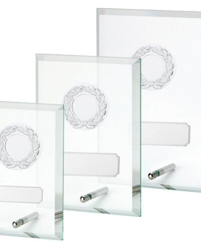 Glassplaketter med metall-motiv og -graveringsplate