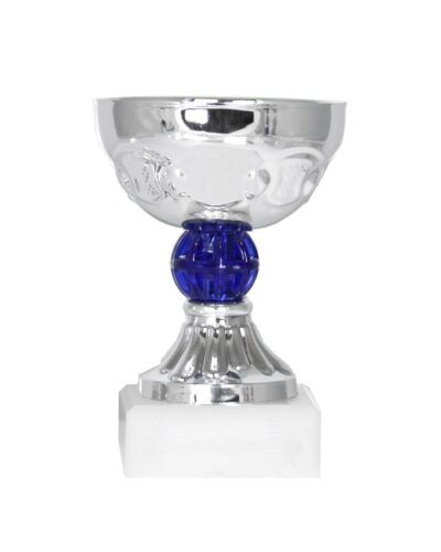 Liten sølvpokal uten lokk med blå detaljer